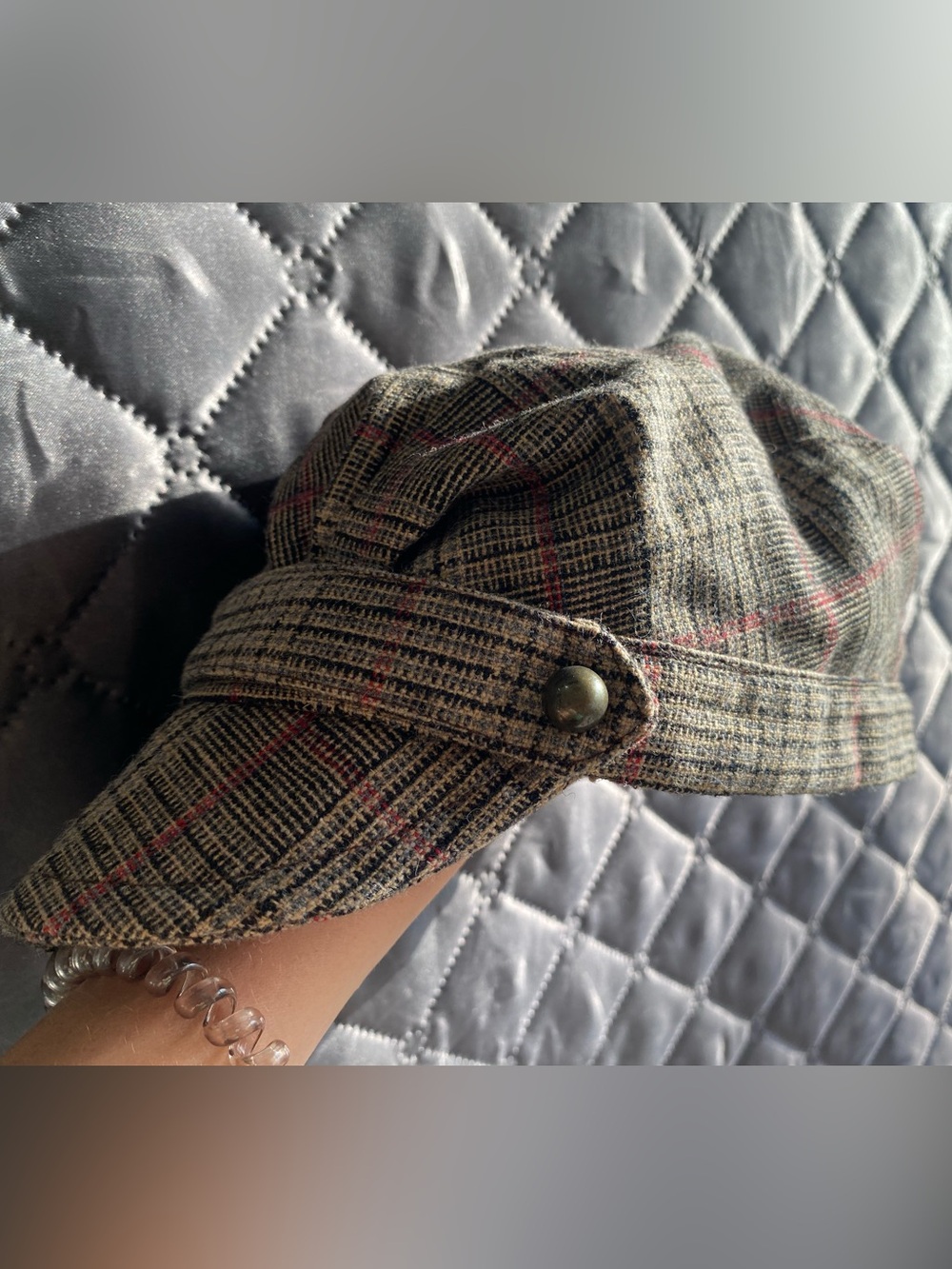 Vintage Capelli NY Plaid Baker Boy Hat Gray Tweed Dark Academia Fiddler Cap